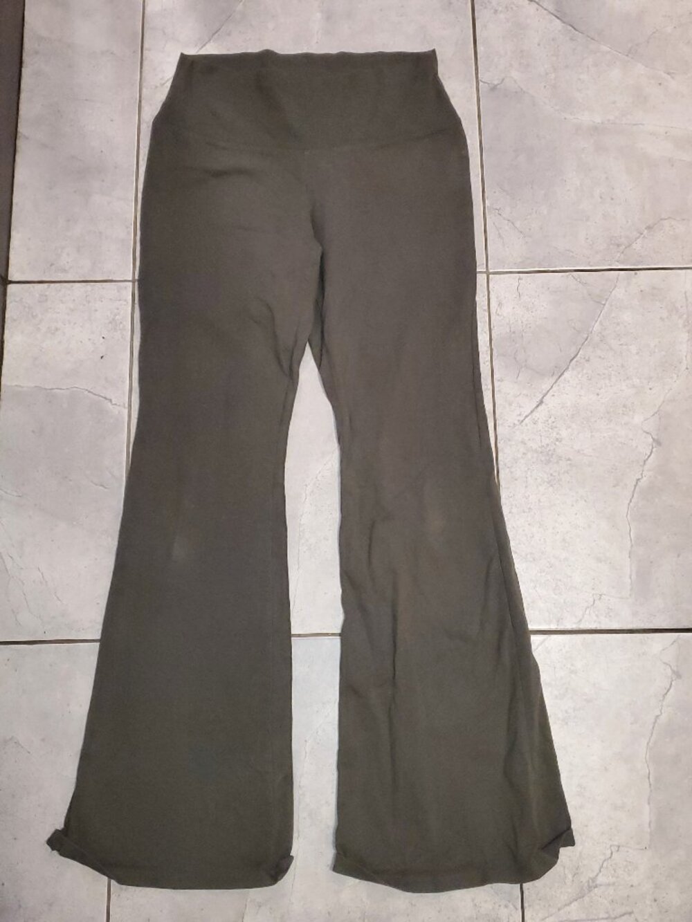 Olive leggings from Walmart. Flared bottoms.